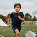 Enfant faisant du sport avec des documents administratifs en mouvement