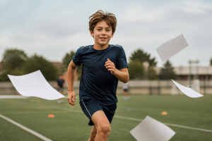 Enfant faisant du sport avec des documents administratifs en mouvement